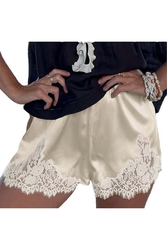 Women Silk Lace Shorts Lace Trim Satin Pettipants Elastic Waist Flowy Mini Shorts Lounge Culotte Slip Beige*