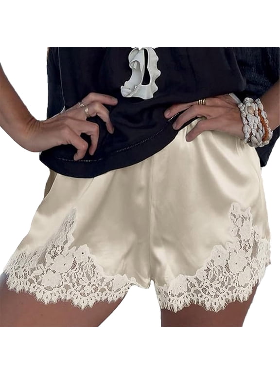 Women Silk Lace Shorts Lace Trim Satin Pettipants Elastic Waist Flowy Mini Shorts Lounge Culotte Slip Beige*