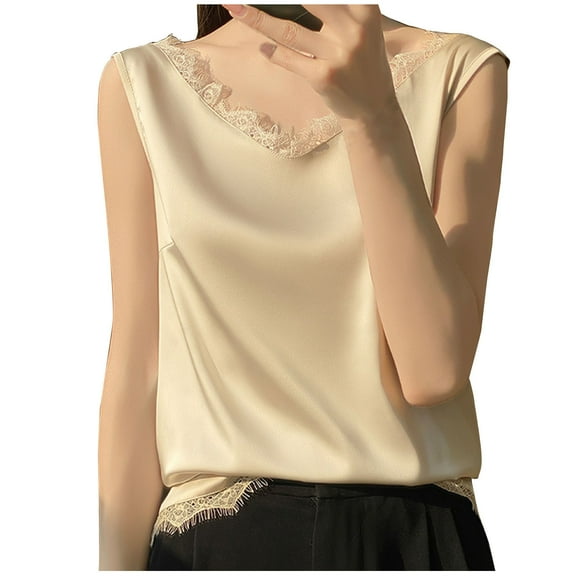 Wyobmus Women Silk Tank Tops Mesh V Neck Satin Camisole Shirt Soft Comfy Silky Sleeveless Tank Shirt S-3XL E-Beige