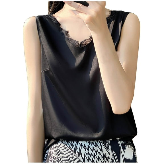 Wyobmus Women Silk Tank Tops Mesh V Neck Satin Camisole Shirt Soft Comfy Silky Sleeveless Tank Shirt S-3XL E-Black