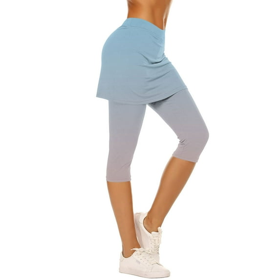 Wyobmus Women Skirted Leggings Comfy High Elastic Waisted Gradient Yoga Leggings Tennis Skorts Capris Gym Yoga Legging With Mini Skirt B-Light Blue