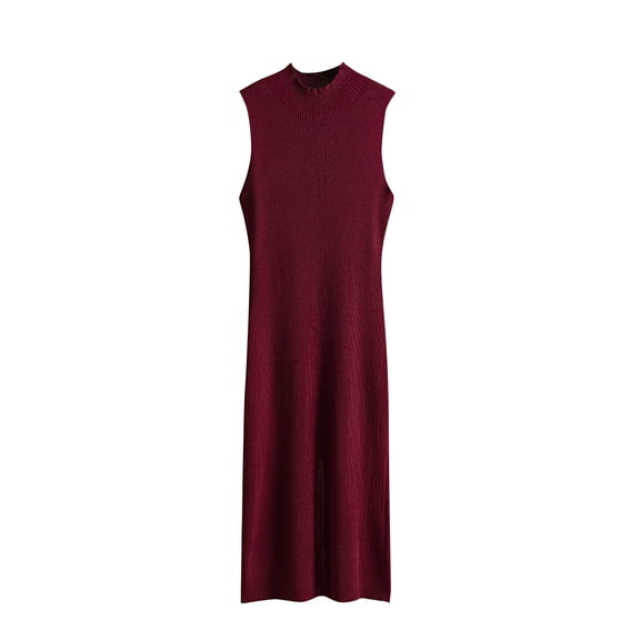Wyobmus Women Sleeveless Knit Maxi Dress Lightweight Stretch Crew Neck Comfy Loose Dress Solid Color Basic Outfits with Button C-Burgundy