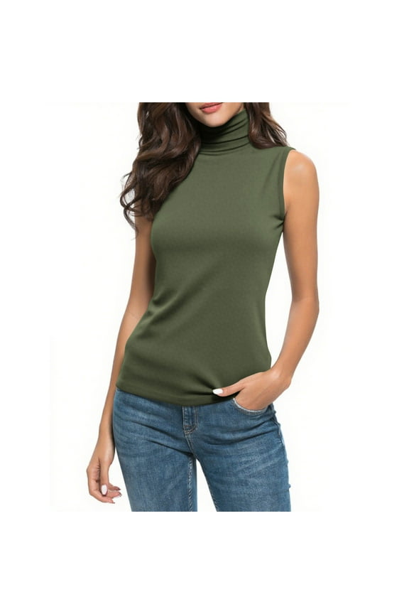 Women Sleeveless Mock Turtleneck Tank Tops Casual Velvet Warm Tunic Pullover Slim Fit Stretchy Layer Tee Shirts Olive Green