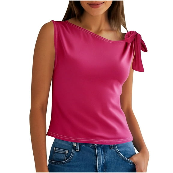 Wyobmus Women Sleeveless T Shirt Boat Neck Tops Stretchy Elegant Summer Solid Bandage Shoulder Shirt Fashion Blouse A-Hot Pink