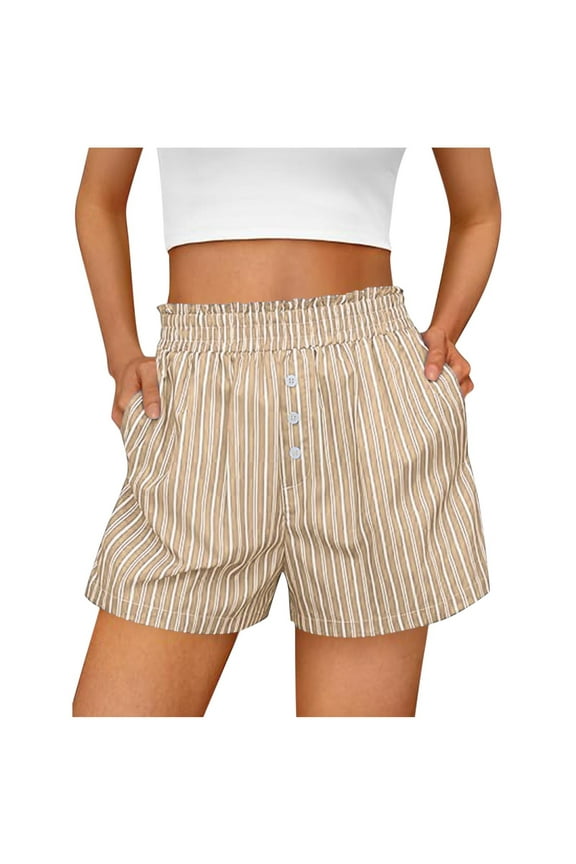 Women Striped Pajama Shorts Casual Summer 4-Way Stretch Pajama Lounge Sleep Pj Elastic Waist Shorts S-2X Khaki