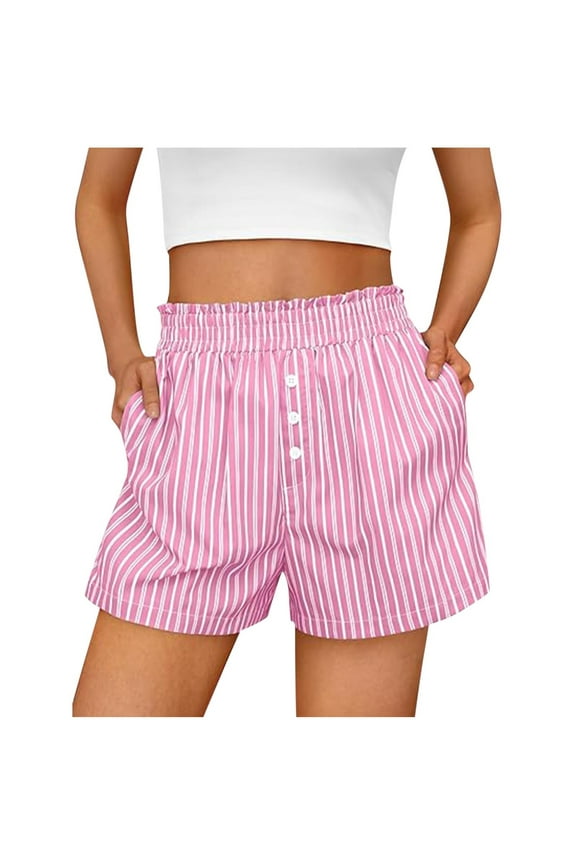 Women Striped Pajama Shorts Casual Summer 4-Way Stretch Pajama Lounge Sleep Pj Elastic Waist Shorts S-2X Pink