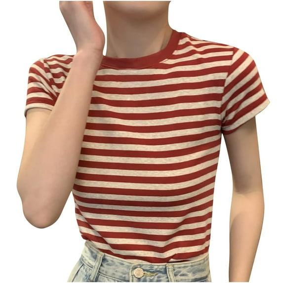 Wyobmus Women Striped Shirt Casual Summer Crewneck T Shirt Slim Fitted Short Sleeve Color Block Tees Trendy Pullover Blouse Red