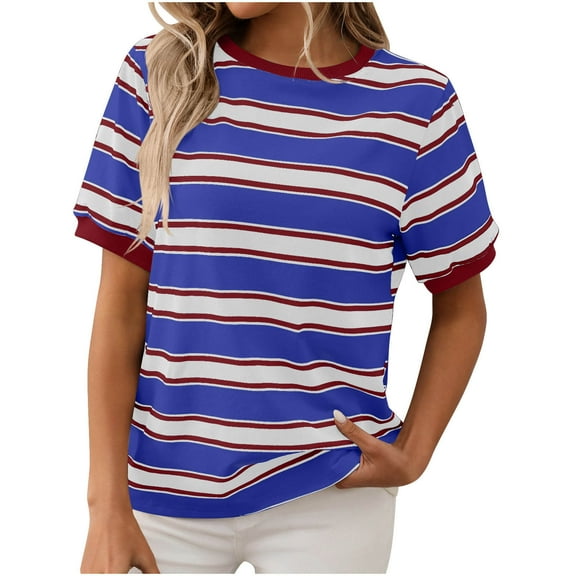 Wyobmus Women Summer Casual T Shirts Short Sleeve Striped Tunic Tops Regular Fit Color Blocked Crew Neck Tee Shirt Blouses E-Blue