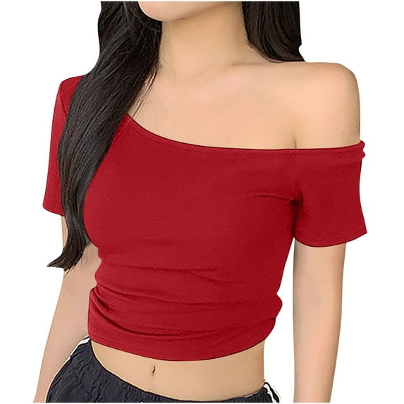 Wyobmus Women Summer Crop Tops Short Sleeve Boat Neck Off Shoulder T Shirt Going Out Tops Slim Fit Shirts Blouse Red