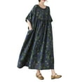 thumbnail image 1 of Wyobmus Women Summer Dresses 2025 Oversized 3/4 Sleeve Crew Neck Pleated Front Flowy Boho Maxi Dress with Pockets Blue, 1 of 8