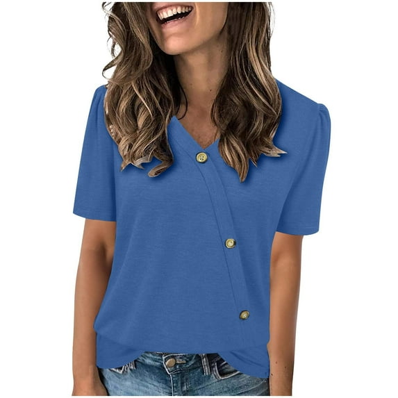 Wyobmus Women Summer Tops Casual Short Puff Sleeve Shirts V Neck Button Blouses Fashion Loose Fit T-Shirts Blue