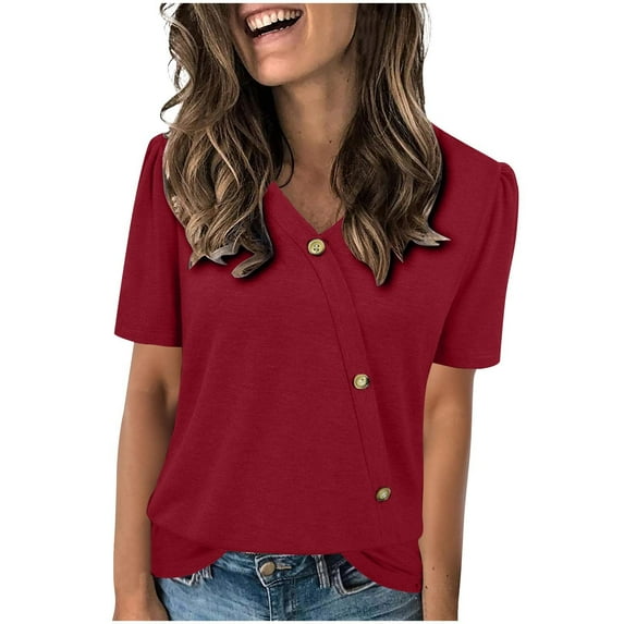 Wyobmus Women Summer Tops Casual Short Puff Sleeve Shirts V Neck Button Blouses Fashion Loose Fit T-Shirts Burgundy