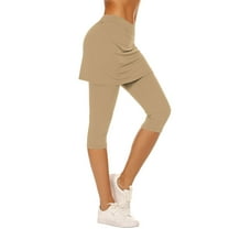 Wyobmus Women Tennis Skirted Leggings Comfy High Waisted Capri Yoga Leggings Tennis Skorts Active Gym Capri Tights With Mini Skirt A-Khaki