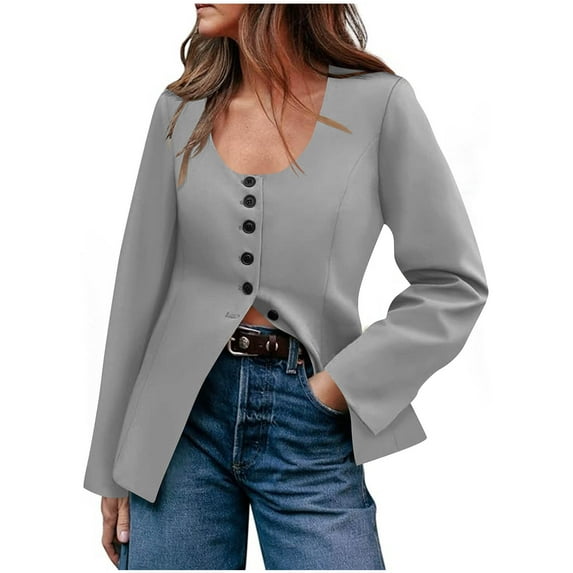 Wyobmus Women Twill Blazer Jacket Business Work Casual Blazers Button Down Scoop Neck Split Hem Fitted Cardigan Jackets Gray
