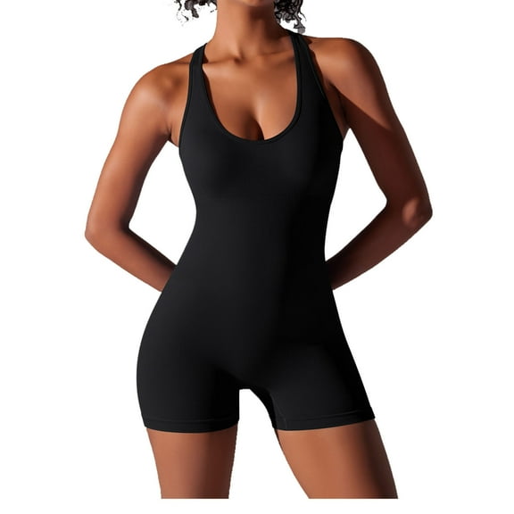 Wyobmus Women Workout Bodysuit Yoga Jumpsuit Solid Color High Waisted Hip Lifting Yoga Ribbed Bodycon One Piece Seamless Tank Top Jumpsuit Shorts Black