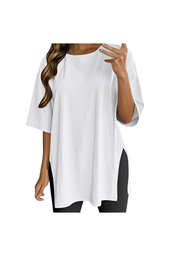 Women Workout Tops Casual Short Sleeve High Cut Sid Slit Yoga Tops Loose Fit Round Neck Basic Long Shirt White