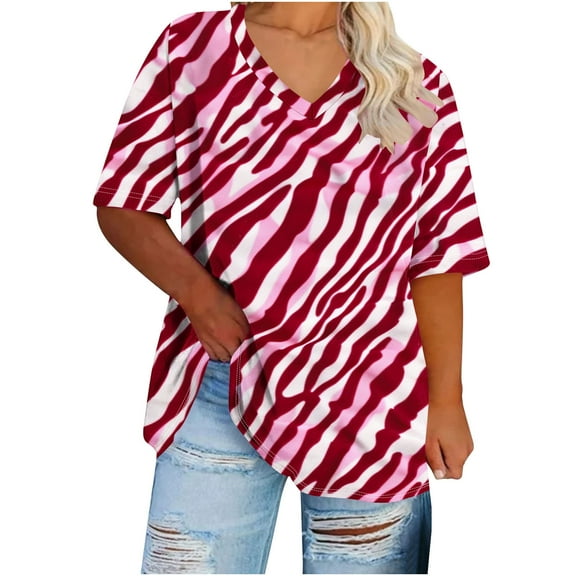 Wyobmus Women and Women's Plus Shirts Plus Size Short Sleeve Tops Casual V Neck Basic Tees Summer Printing Trendy Clothes(Xl-5Xl) L-Red