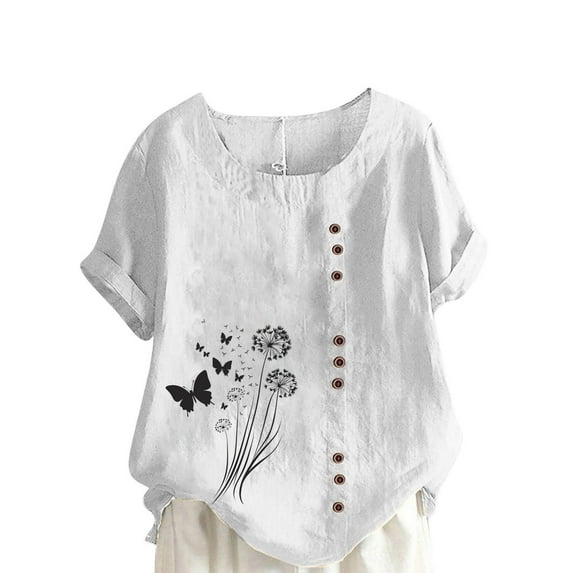 Wyobmus Women and Womens Plus Linen Shirt Short Sleeve Button Round Neck Top Lightweight Printed T-Shirt Blouse S-5Xl A-White