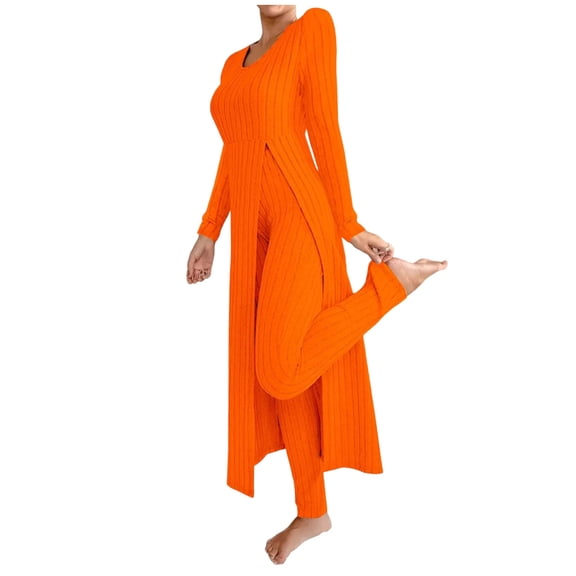 Wyobmus Women's 2 Piece Pajama Set Casual Ribbed Lounge Outfits Short/Long Sleeve Side High Slit Sleep Dress with Knitted Bottoms S-3XL B-Orange*
