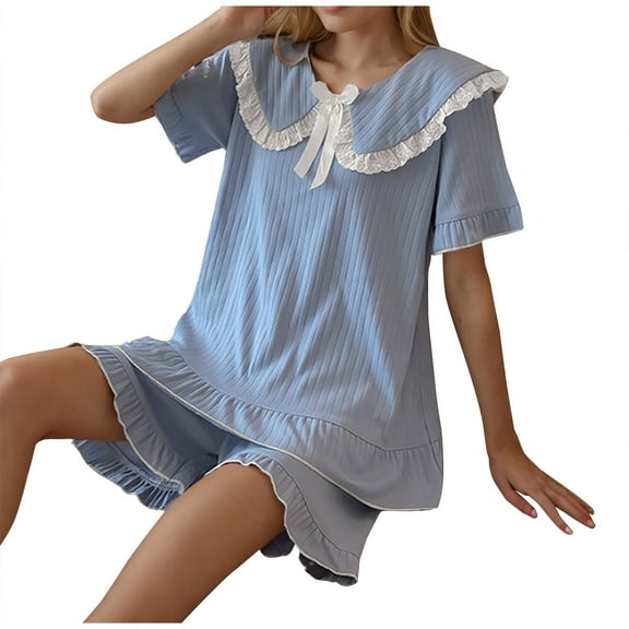 Wyobmus Women's 2 Piece Pajama Set Short Sleeve Sleepwear Doll Collar Bow Nightshirt With Soft Shorts Loungewear Pj'S Set Blue
