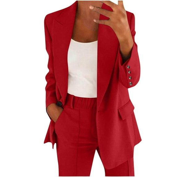 Wyobmus Women's 2 Piece Suit Set Plus Size Business Casual Outfits Long Sleeve Notched Lapel One Button Blazer Wide Leg Pants Pantsuit Sets S-5X C-Red