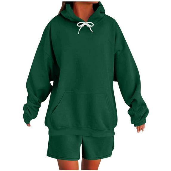 Wyobmus Women's 2 Piece Sweatsuit Fall Outfits Long Sleeve Pullover Sweatshirt Cargo Shorts Lounge Set Tracksuits C-Green