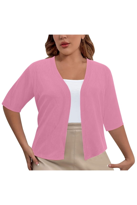 Women's 3/4 Sleeve Cropped Cardigan Tops Lightweight Loose Open Front Elegant Shrugs 1X-5X A-Pink