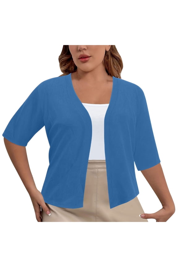 Women's 3/4 Sleeve Cropped Cardigan Tops Lightweight Loose Open Front Elegant Shrugs 1X-5X B-Blue