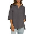 thumbnail image 1 of Wyobmus Women's 3/4 Sleeve Linen Shirts Casual V Neck Tunic Blouse Stretch Loose Henley Collared Breathable Side Slit Cotton T Shirt Gray, 1 of 9