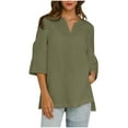 thumbnail image 1 of Wyobmus Women's 3/4 Sleeve Linen Shirts Casual V Neck Tunic Blouse Stretch Loose Henley Collared Breathable Side Slit Cotton T Shirt Olive Green, 1 of 9