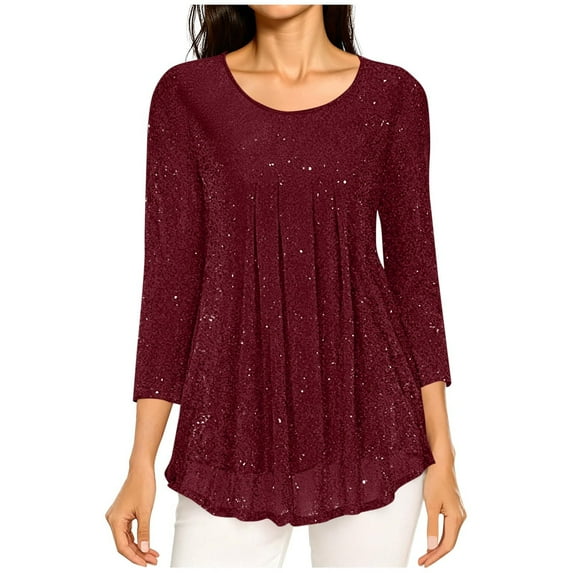 Wyobmus Women's 3/4 Sleeve Sparkly Glitter Tops Casual Loose Fit Crew Neck Floral Blouses Mesh Pleated Layered Shirt Club Party Concert Outfits B-Burgundy