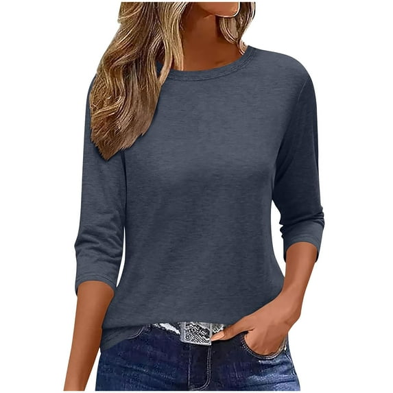 Wyobmus Women's 3/4 Sleeves V Neck T-Shirts Casual Solid Color Summer Round Neck Tops Casual Basic Tees Navy