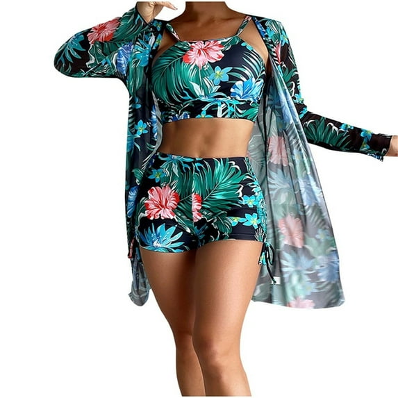 Wyobmus Women's 3 Piece Hawaiian Swimsuit High Waisted Bikini Swimwear Set With Floral Kimono Summer Beach Cover Up,Containing Chest Pad A-Multicolor