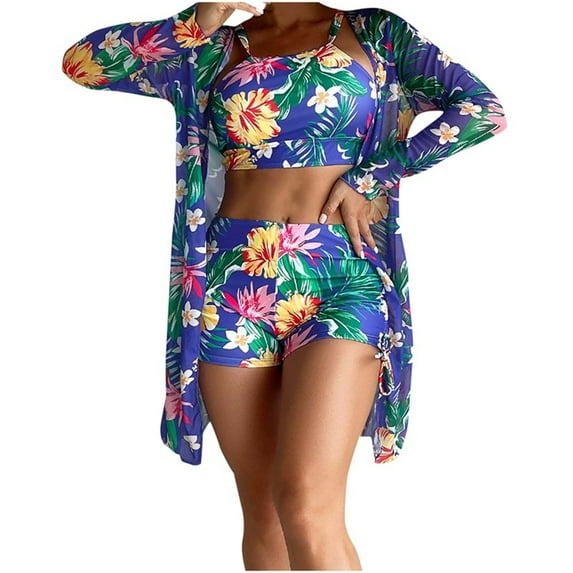 Wyobmus Women's 3 Piece Hawaiian Swimsuit High Waisted Bikini Swimwear Set With Floral Kimono Summer Beach Cover Up,Containing Chest Pad C-Multicolor