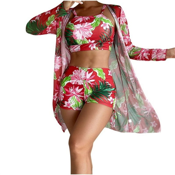 Wyobmus Women's 3 Piece Hawaiian Swimsuit High Waisted Bikini Swimwear Set With Floral Kimono Summer Beach Cover Up,Containing Chest Pad D-Multicolor