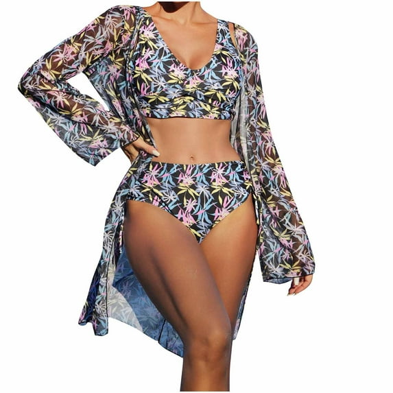 Wyobmus Women's 3 Piece Swimsuit Sets High Waisted Bikini Set With Shorts Bathing Suit With Summer Beach Sunscreen Cover Up,Containing Chest Pad E-Black