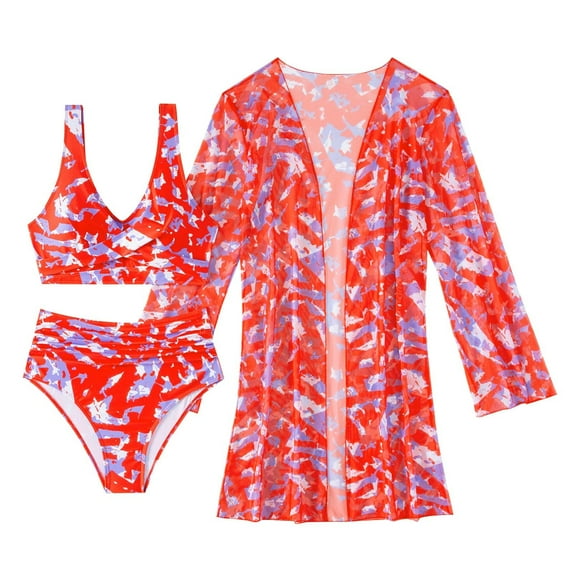 Wyobmus Women's 3 Piece Swimsuits Hawaiian Tropical Print Bikini Set Halter Drawstring Side Bathing Suits With Sunscreen Cover Up,Containing Chest Pad C-Red