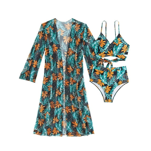 Wyobmus Women's 3 Piece Swimsuits Hawaiian Tropical Print Bikini Set Halter Drawstring Side Bathing Suits With Sunscreen Cover Up,Containing Chest Pad D-Olive Green