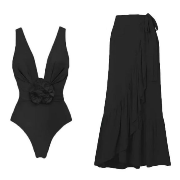 Wyobmus Women's 3 Piece Swimsuits Summer Bikini Sets With Solid Color Cover Up Skirt One Pice Deep V Neck Bathing Suits Black