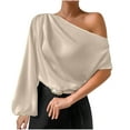thumbnail image 1 of Wyobmus Women's Asymmetrical Neck Shirts Long Lantern Sleeve Off Shoudler Blouse Work Office Top A-Beige, 1 of 7
