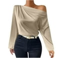 thumbnail image 1 of Wyobmus Women's Asymmetrical Neck Shirts Long Lantern Sleeve Off Shoudler Blouse Work Office Top B-Beige, 1 of 6