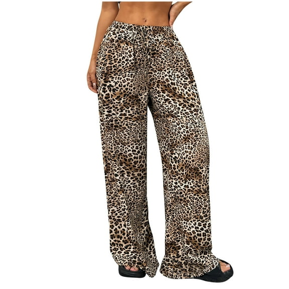 Wyobmus Women's Baggy Wide Leg Pants Vintage Leopard Print Elastic Waist Drawstring Straight Leg Lounge Pants A-Brown