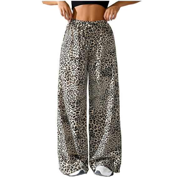 Wyobmus Women's Baggy Wide Leg Pants Vintage Leopard Print Elastic Waist Drawstring Straight Leg Lounge Pants B-White