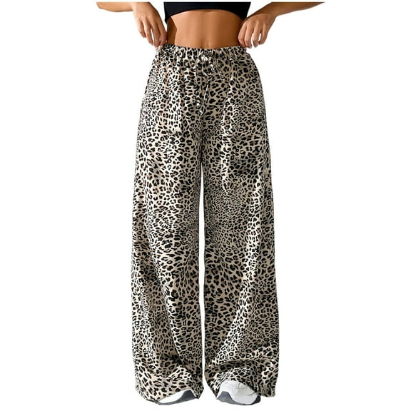 Wyobmus Women's Baggy Wide Leg Pants Vintage Leopard Print Elastic Waist Drawstring Straight Leg Lounge Pants B-White