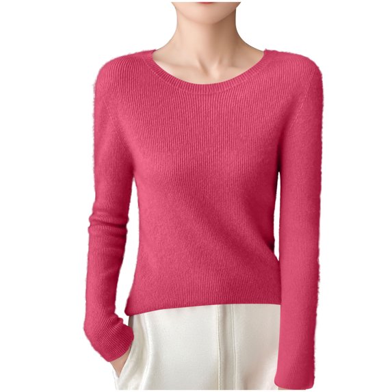Wyobmus Women's Basic Crew Neck Sweater Loose Fit Solid Color Rib Knit Long Sleeve Sweater Top B-Red