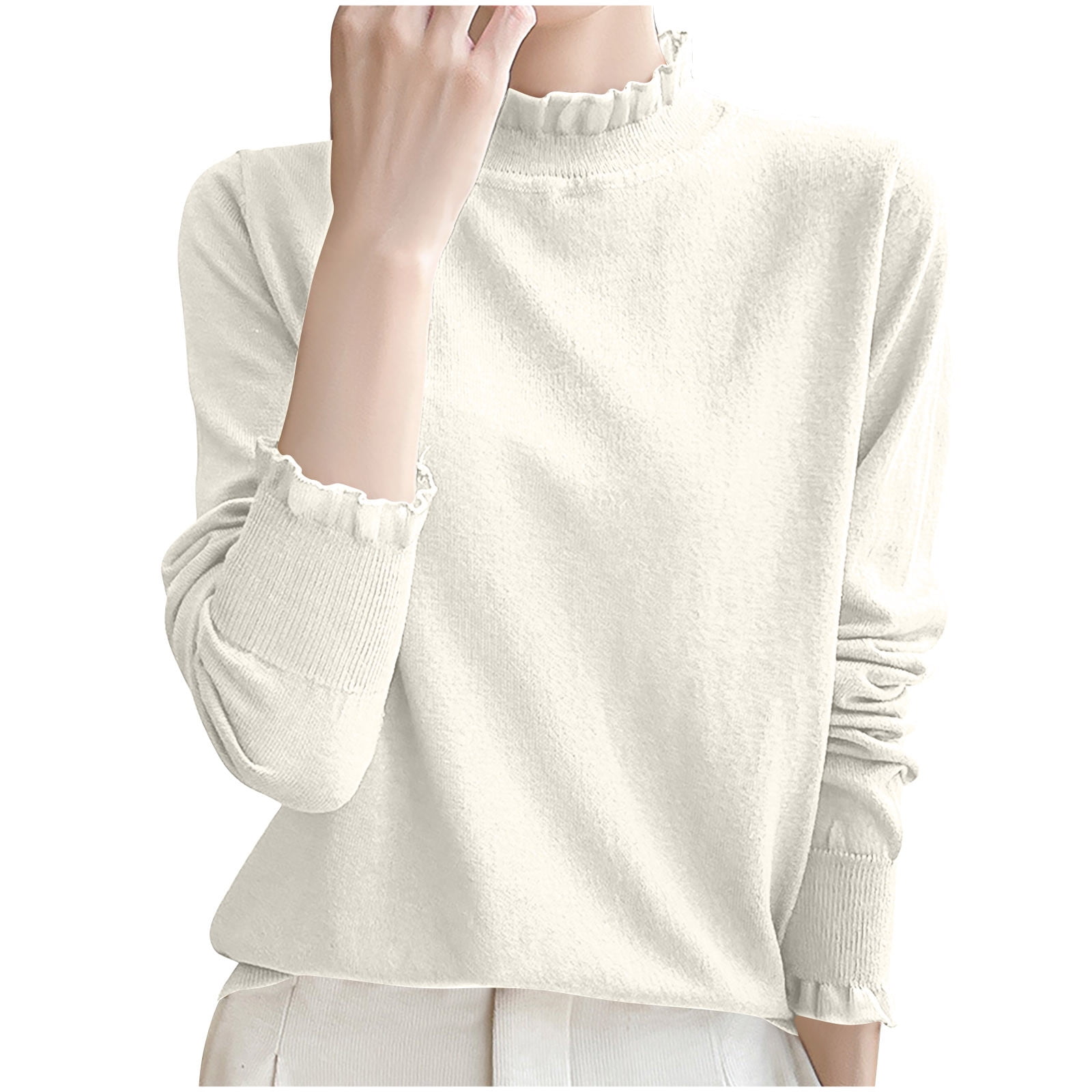 Wyobmus Women's Basic Mock Neck Sweater Loose Fit Solid Color Ruffled ...