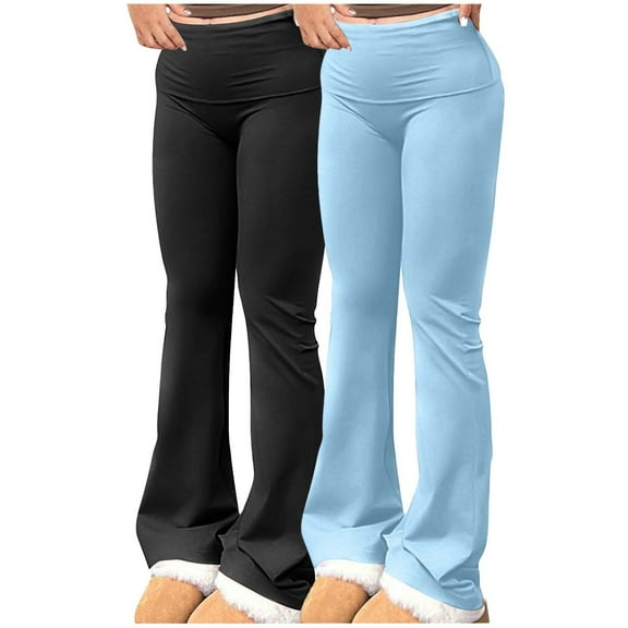 Wyobmus Women's Bell Bottom Flare Pants 2Pc Solid Color Elastic Waisted Skinny Sports Pants Casual Pants C-Light Blue