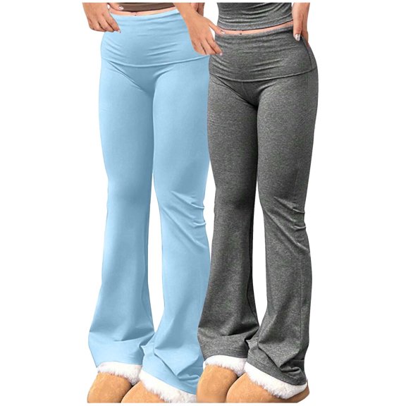 Wyobmus Women's Bell Bottom Flare Pants 2Pc Solid Color Elastic Waisted Skinny Sports Pants Casual Pants D-Gray