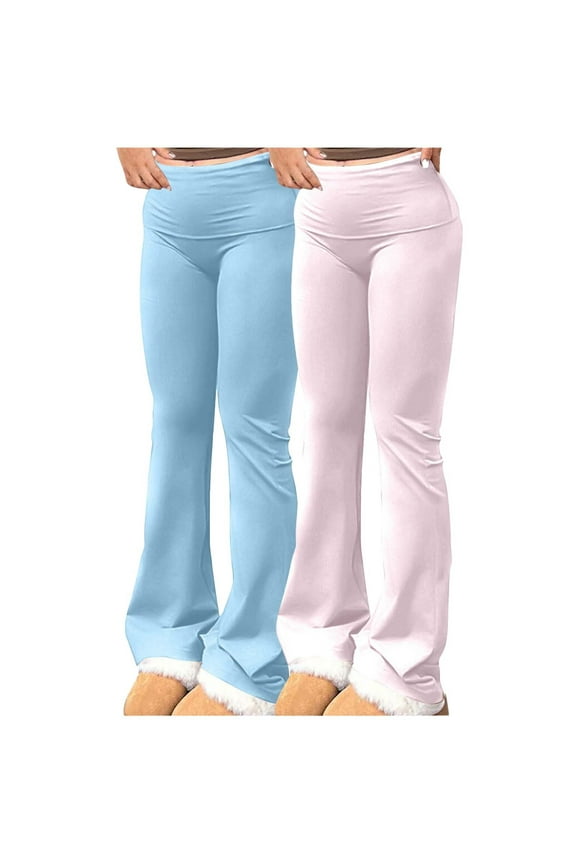 Women's Bell Bottom Flare Pants 2Pc Solid Color Elastic Waisted Skinny Sports Pants Casual Pants D-Light Blue