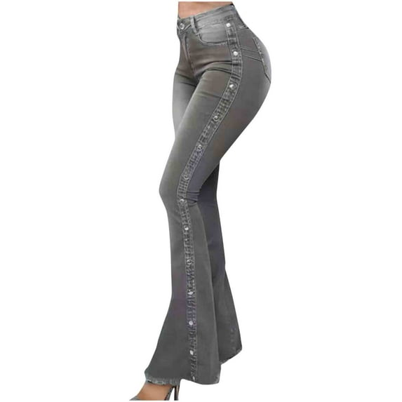 Wyobmus Women's Bell Bottom Jeans High Waist Pocket Button Skinny Jeans Casual Flare Denim Pants Gray